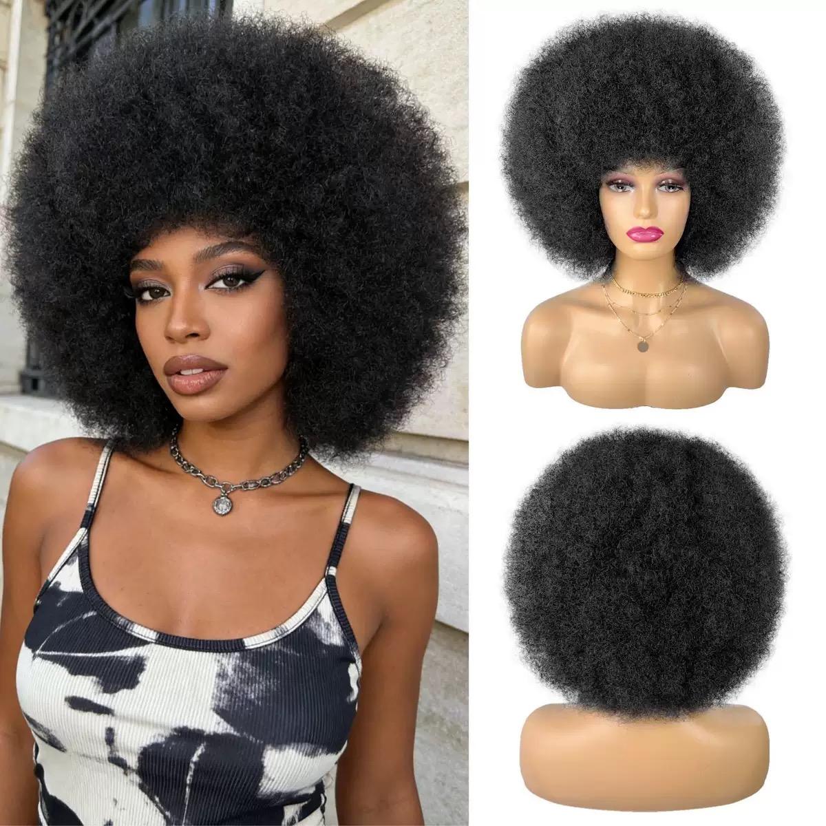 

Black explosive head synthetic wig, women s fluffy curly hair wig, suitable for role-playing and daily wear
