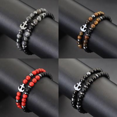 Stylish Anchor Bracelet Men 2Pcs/Set 6mm Tiger Eyes Obsidian Howlite Hematite Stone Healing Braclet Surfing Hand Accessories