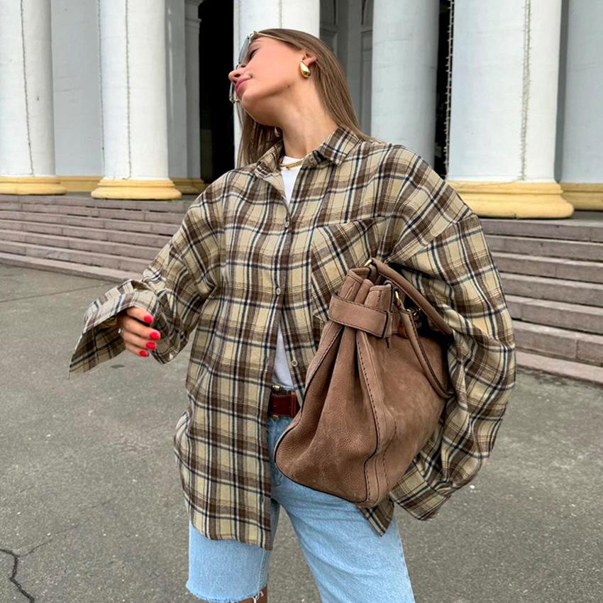 1116 Autumn Retro Plaid American Shirt Loose Casual Outside Long Sleeve Women's Top Fashion Plaid Shirt