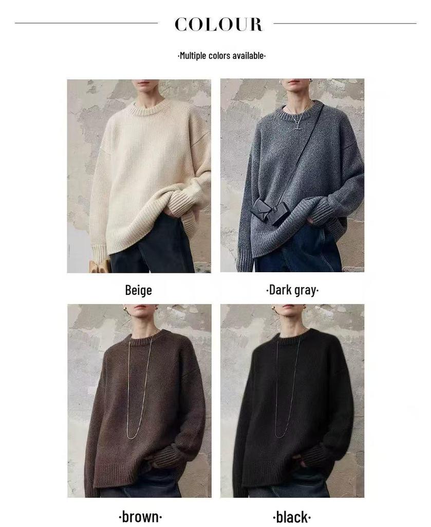 Women's 100% Pure Wool Round Neck Thick Warm Loose Pullover Sweater - Long Sleeve, Autumn Winter Base Layer