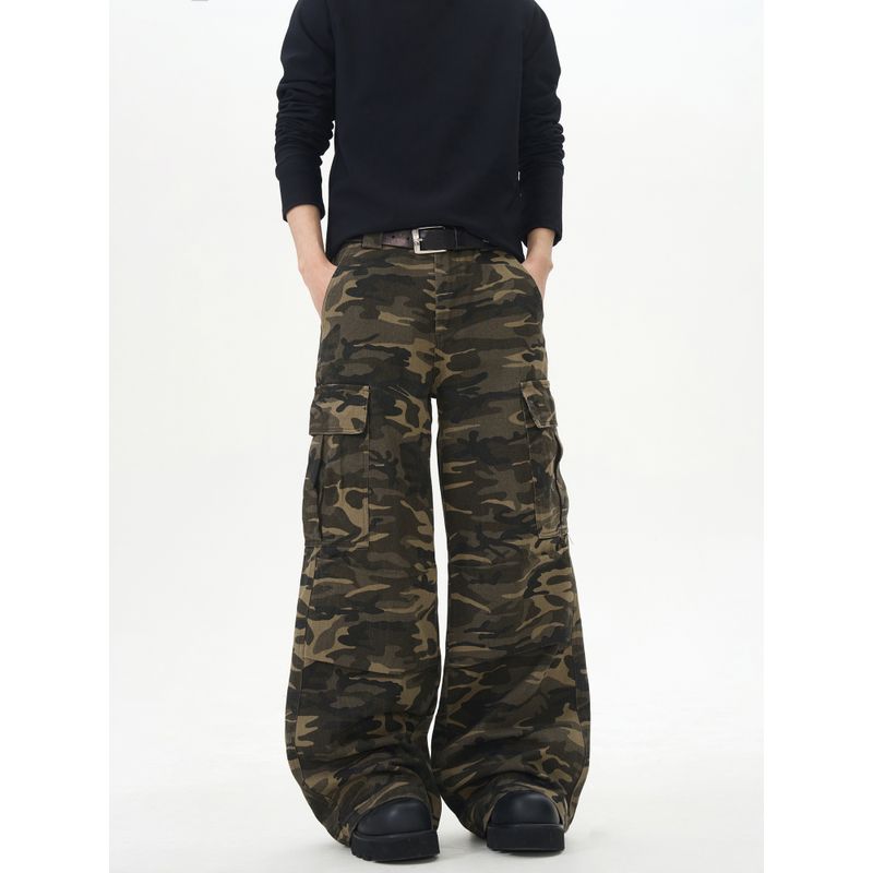 Kisko American Retro Multi-Pocket Drape Camouflage Flared Cargo Pants Unisex Trendy Straight Loose Casual Pants