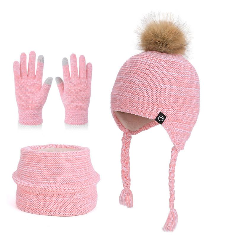 

Kids Winter Wear Threepiece Set With Knitted Hat Scarf Gloves For Cold Weather красный