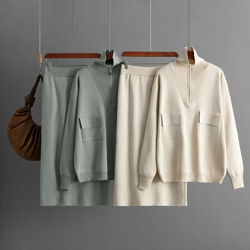 Autumn and Winter New Solid Color Lapel Half Zipper Knitted Top + Temperament Skirt Fashion Two-piece Trendy