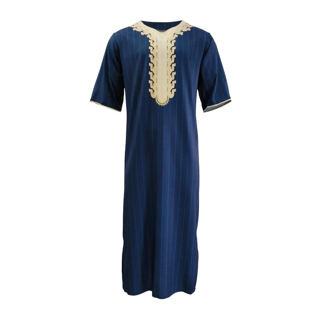 Arabische Robe für Herren, lockerer V-Ausschnitt, kurzärmelig, mit orientalischem Aufdruck, muslimische Herrenkleidung