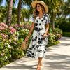 Women's Fashion Casual V Neck Waist Cinched Floral Print Short Sleeve Midi Dress for Everyday Wear and Outdoor Activities