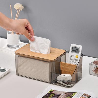Tissue Box Transparent Tissue Container with Wooden Cover Remote Control Storage Holder for Kitchen Living Room
