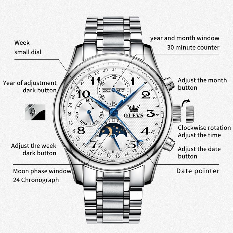 OLEVS Top Brand Sports Men Mechanical Wristwatch Moon Phase Waterproof Automatic Watch New Stainless Steel Watches Men 6667