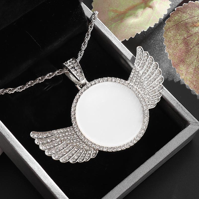 Angel Wings Mirror Photo Memorial Pendant Inlaid with Ice Crystal Zirconia Necklace Couple Trendy Jewelry Birthday Gift