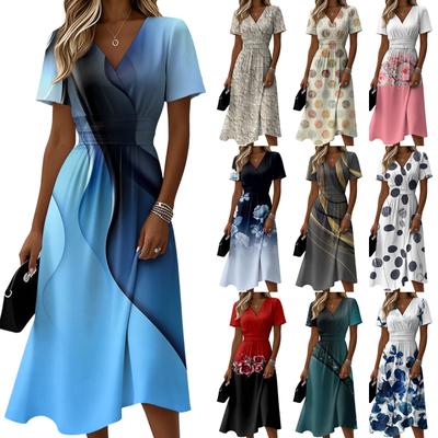 Abito da donna casual, alla moda, a maniche corte, con scollo a V e stampa floreale