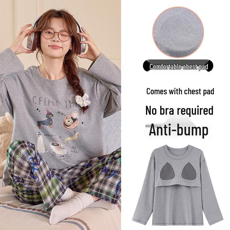 Piżama damska z długim rękawem i nadrukiem w kreskówkowe wzory, z wkładką na klatkę piersiową – uroczy komplet z okrągłym dekoltem do noszenia w domu lub na okrycia wierzchnie wiosną, jesienią i zimą