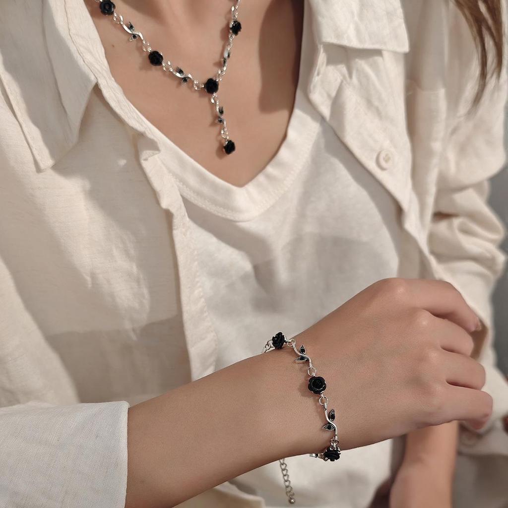 Elegant High-End Women's Retro Silver Fairy Jewelry Set: Black Knight Rose Earrings, Bracelet & Necklace