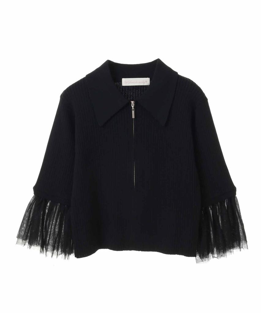 Trenteant Son de Mode Tulle Sleeve Zip Knit Black Women's Sweater,