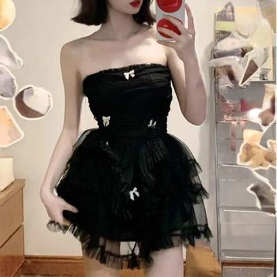Bile Parti Siyah Elbise Kadın Rahat Korse Y2k Mini Ofis Bayan Kolsuz Bodycon Dantel Tek Parça Kore