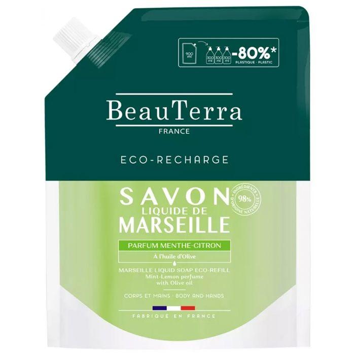 BeauTerra Savon de Marseille Liquide Parfum Menthe-Citron Éco-Recharge 900 ml