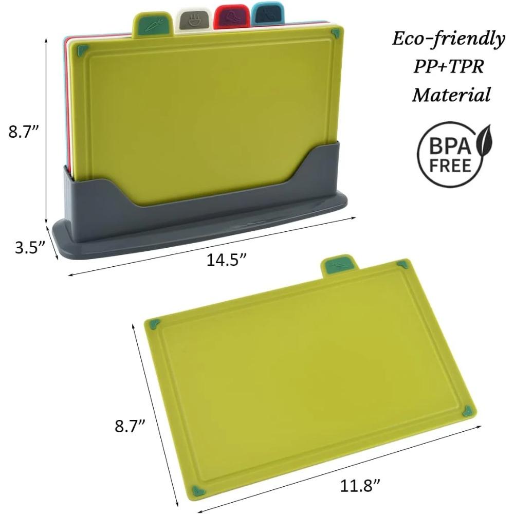 Planches à découper de cuisine, set de 4 planches à découper en plastique, grandes planches à découper de cuisine avec support de rangement, lavables au lave-vaisselle (quatre couleurs), 1 jeu