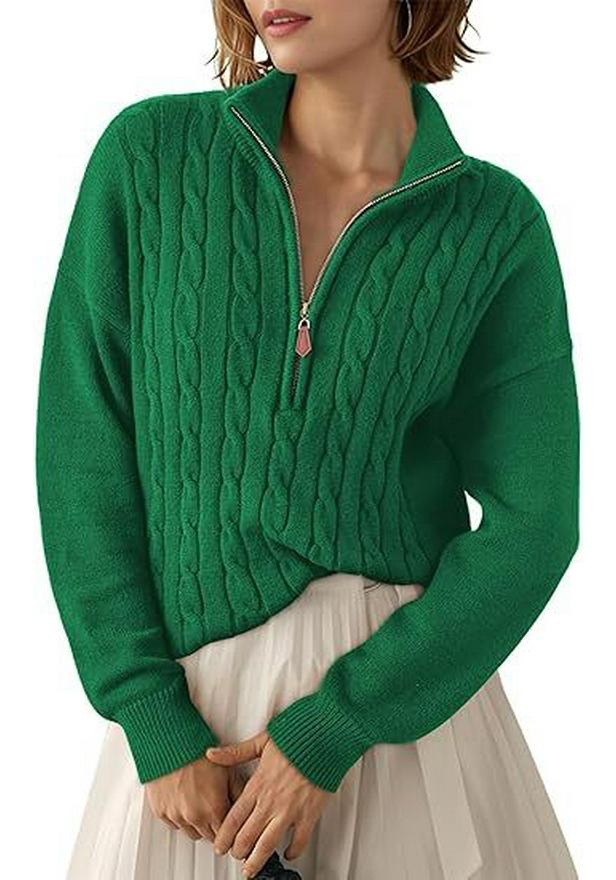 Women's Half-High Collar Zipper Ribbed Knit Pullover Sweater, Short-Sleeve, Loose Fit, 2025 Autumn/Winter Collection.