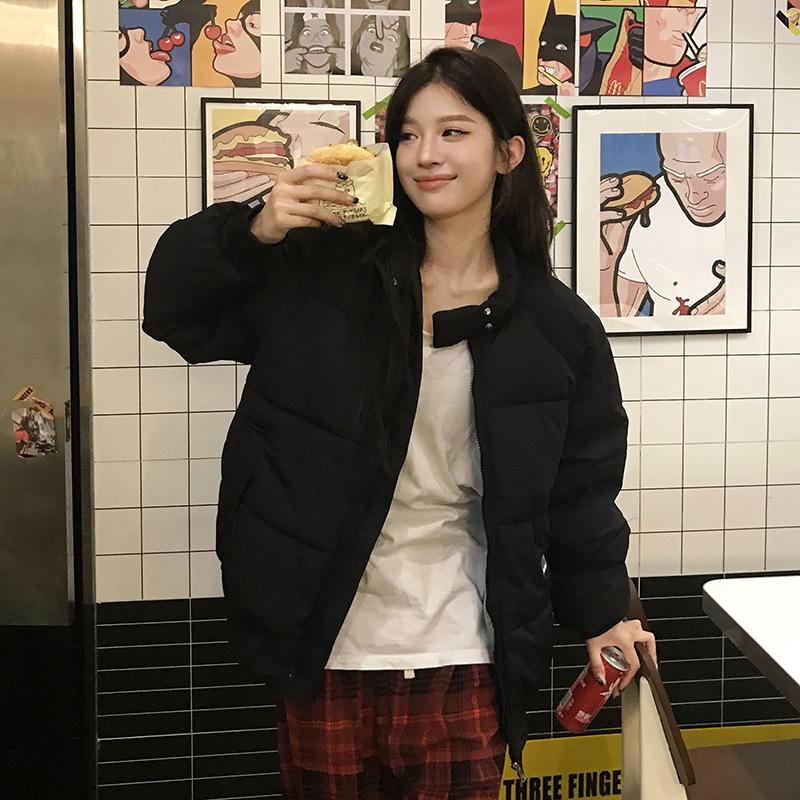 

Женская новая однотонная одежда из высококачественной ткани с воротником-стойкой, холодо- и ветрозащитная, легкая, утолщенная, пушистая, теплая, свободного кроя, повседневная спортивная хлопковая одежда XXL чёрный