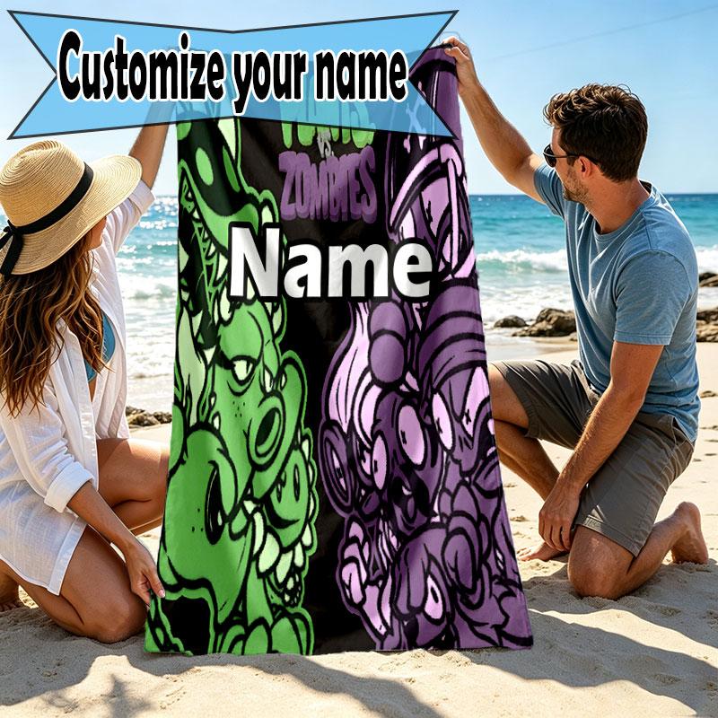 Custom Name Personalized Plants vs. Zombies Print Beach Towel, for Trip Camping Beach Party Home Decor, Birthday Gift for Family & Friends