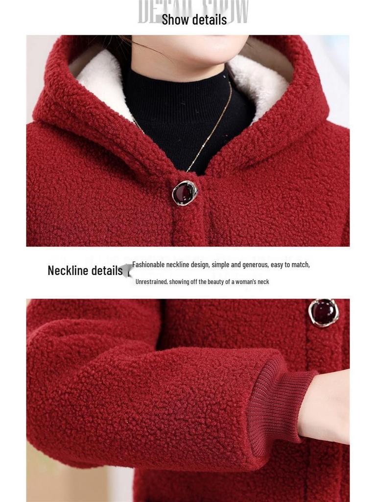 Mom's Winter Wear Fleece-Lined Lambswool Hooded Coat for Middle-Aged & Elderly Women