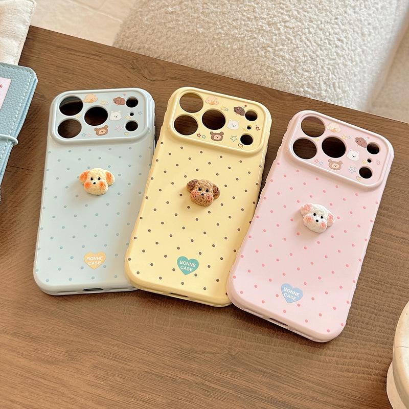 Polka Dots 3D Cartoon Puppy Phone Case For iPhone 17 16 15 14 13 12 Pro Max Candy Colors Shockproof Protective Soft Cover