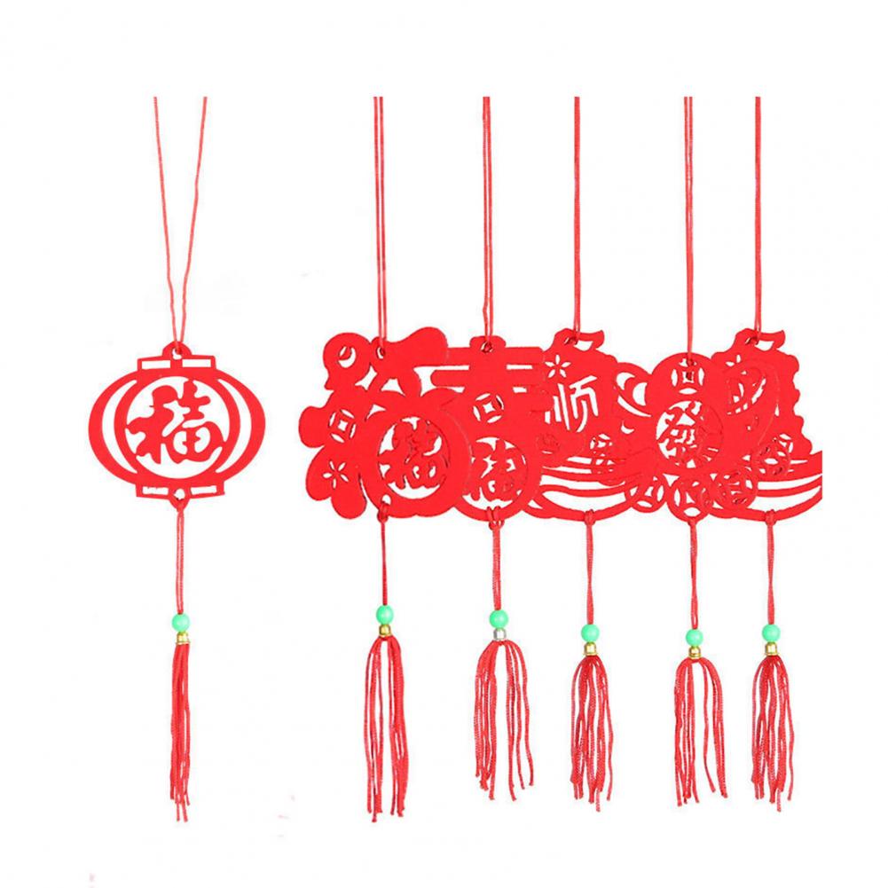 6Pcs Chinese New Year Pendant Red Felt Hanging Decor Paper-Cutting Spring Blessing Characters Tassels Pendant For Home Decor