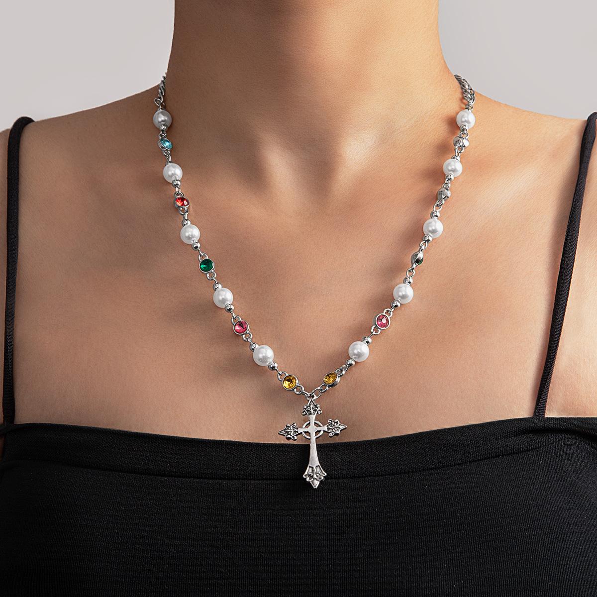 1 Bohemian style cross pendant, imitation pearl colored zircon necklace, neutral men s and women s necklace