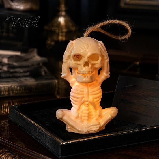 Halloween Skeleton Decoration with LED Light, Spooky Lighted Plastic Skull Haunted House Props Ornament Rope for Home Party Decor Creative Holiday