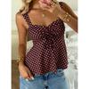 American Retro Polka Dot Camisole Women Drawstring Waist Peplum Low Neck Top