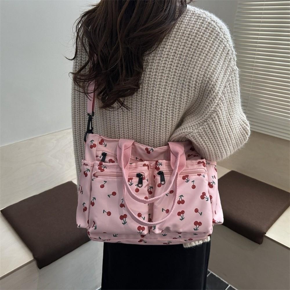 Casual Large Capacity Tote Bag Cherry Print Adjustable Strap Crossbody Bag Waterproof Multi-Pocket Shopping Bag