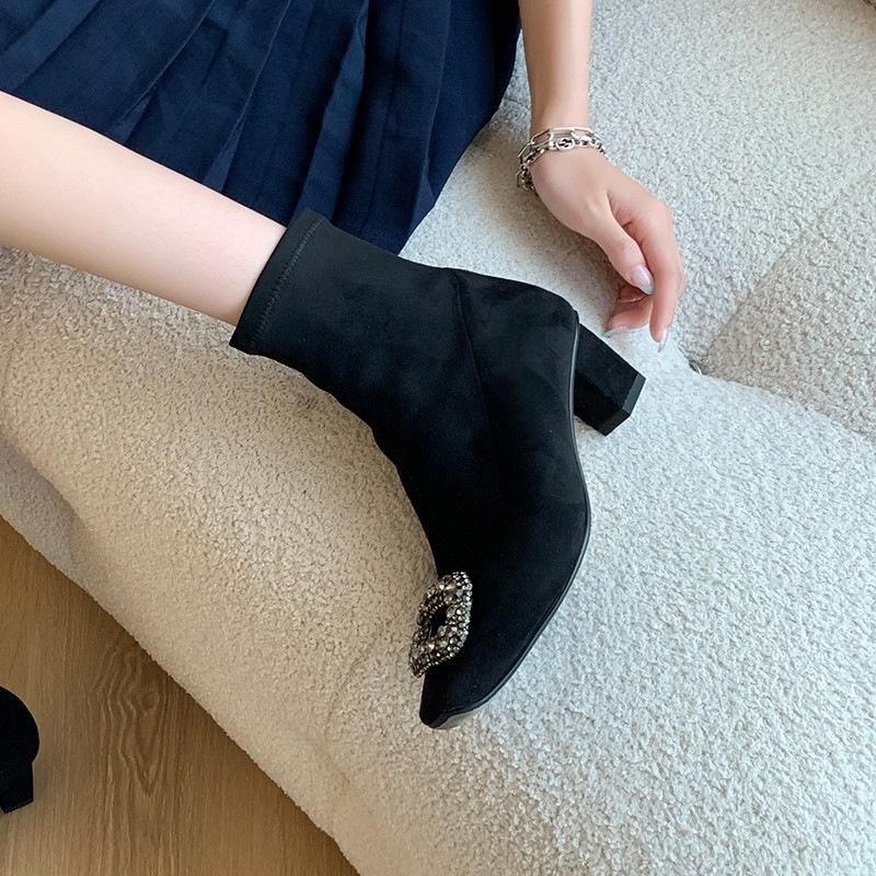 Black square head short boots women's winter new square buckle rhinestone elastic socks boots low heel thick heel suede