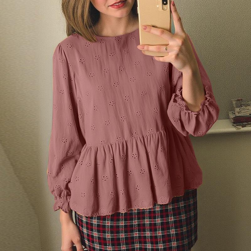 

Жіночі вінтажні блузки з довгим рукавом та круглим вирізом, мереживним принтом ZANZEA XL рожевий