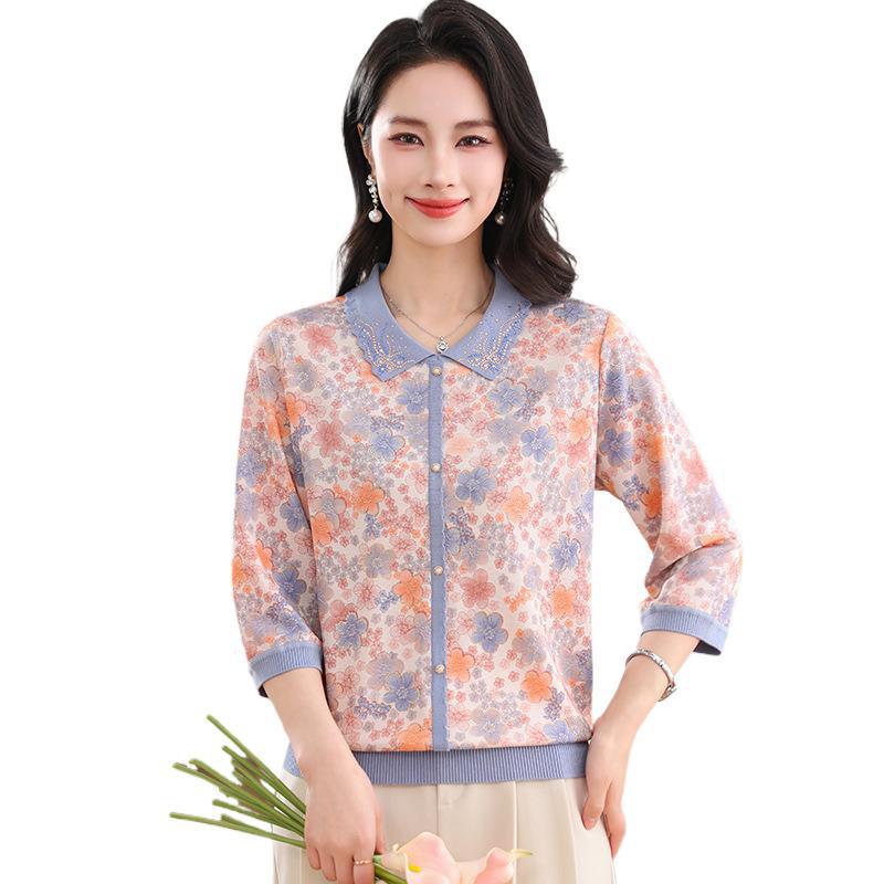 Mom's Spring 2026 Stylish Printed Ice Silk Three-Quarter Sleeve T-shirt for Middle-Aged and Elderly Women