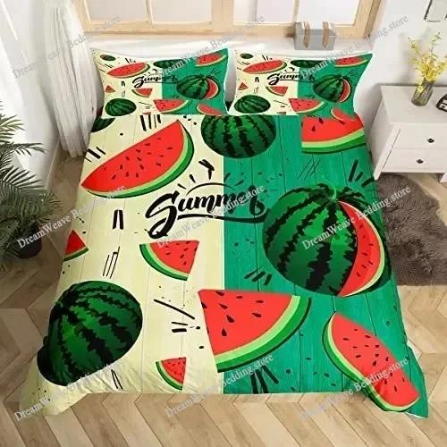 Hello Summer Duvet Cover Set Watercolor Watermelon Fruits Bedding Set Summer Holiday Theme Blue Rustic Cabin Comforter Cover