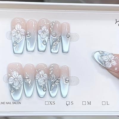 10Pcs French Seaside 3D Hand Painted Ice Flower Cat Eye Press On Nails