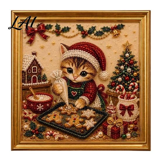 Relaxing Handmade Faux Pearl Sets Christmas Cat Art Kit with Frame Kitty Painting DIY Decorative Supplies Kit 3D Bead Wall Craft for Adults