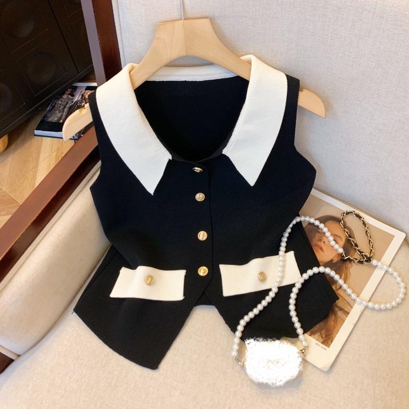 Women's V-Neck Color Block Vest Sleeveless Knit Cardigan with Gold Buttons Fashion Layering Top
