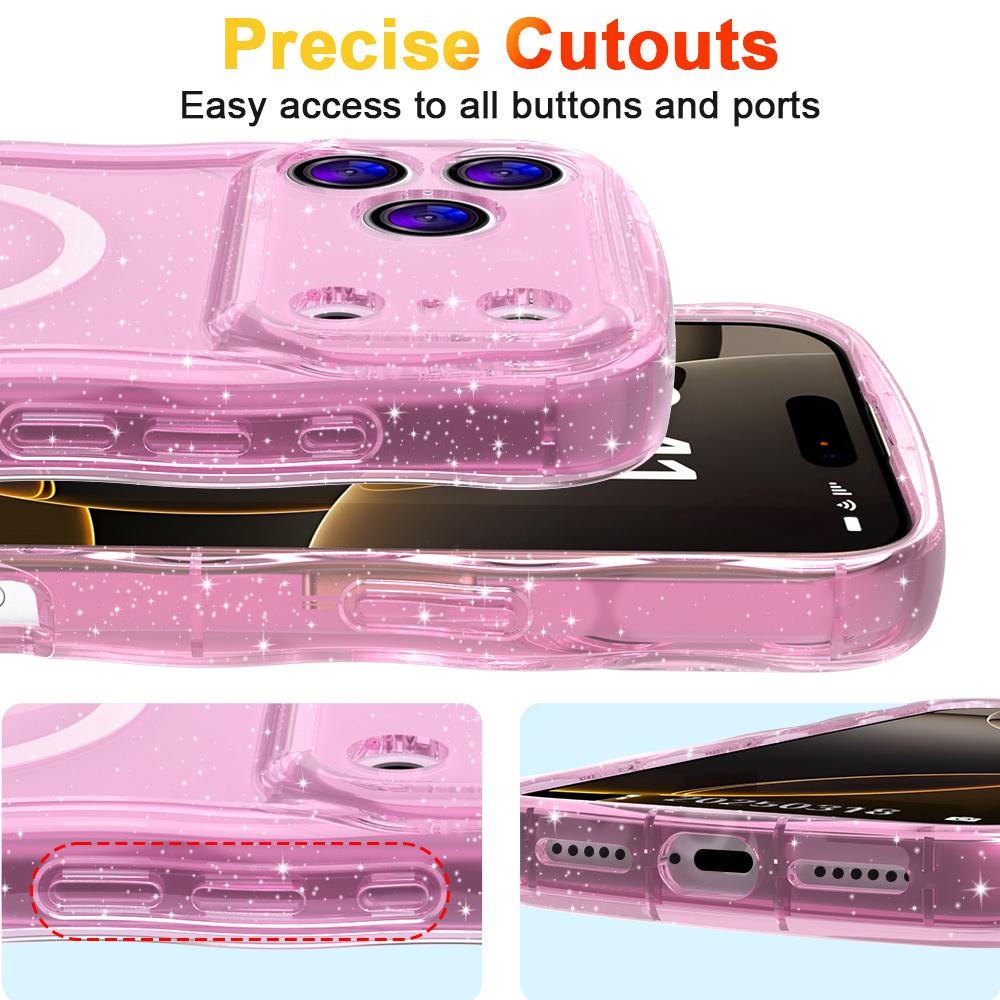 ins Style Wave For Magsafe Glitter Transparent Phone Case For iPhone 15 16 17 Pro Max Plus Lens Protection Wireless Charge Cover
