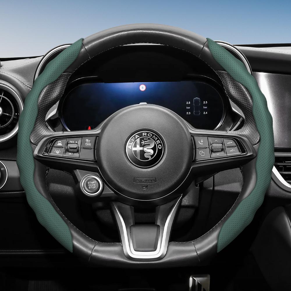 Steering Wheel Cover Suitable for Alfa Romeo, Wave-Shaped Sporty Design, Breathable Leather, Segmented, Non-Slip, Sweat-Absorbent, Giulia 952, Stel