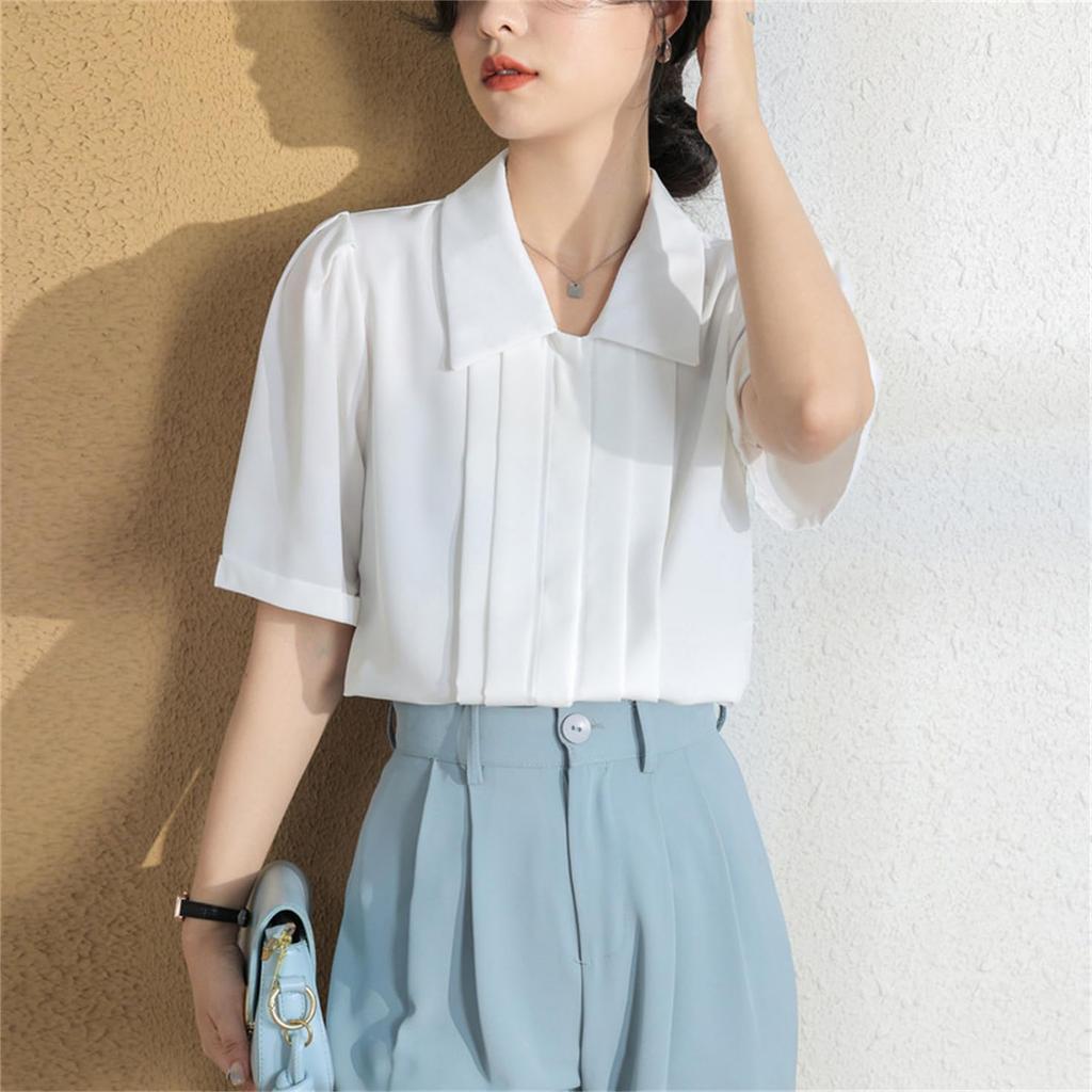 [SYitong] Women's Short-Sleeved Summer Chiffon Blouse, Collared, Flowy Dress Shirt, Tucked, Relaxed Fit, Slimming Effect, Figure-Flattering, Elegant,