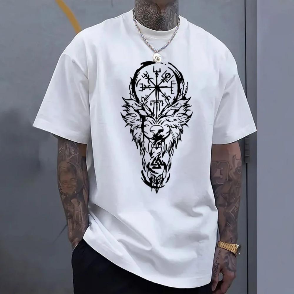 Men's casual T-shirt O-neck short sleeved top ancient crow wolf men's home outdoor comfortable soft T-shirt