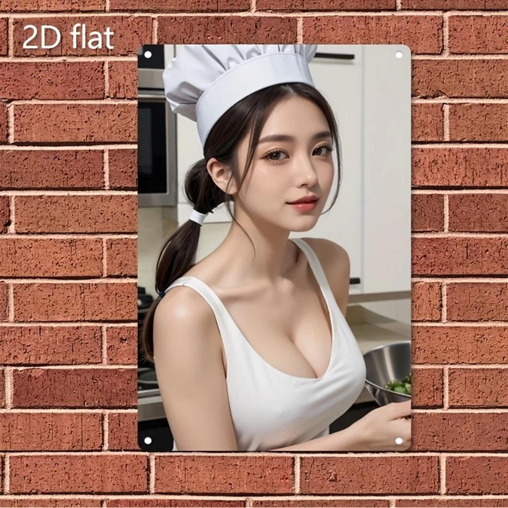 

HD Metal Tin Sign Cute Asian Chef Woman in White Tank Top Chef Hat Vintage Wall Art Decor for Home Bar Man Cave Retro Metal Pl 20x30cm（7.8x11.8inch）