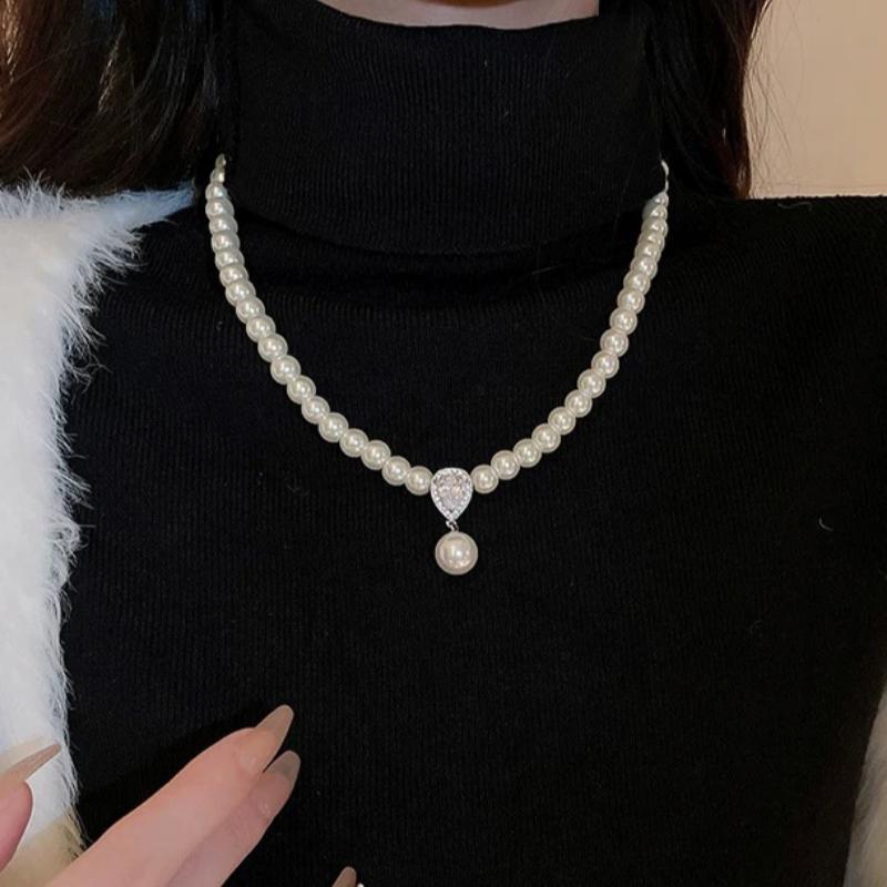 Pearl Zircon Teardrop Necklace French Style All-match High-end Pendant Light Luxury Clavicle Necklace Pearl Necklace for Women
