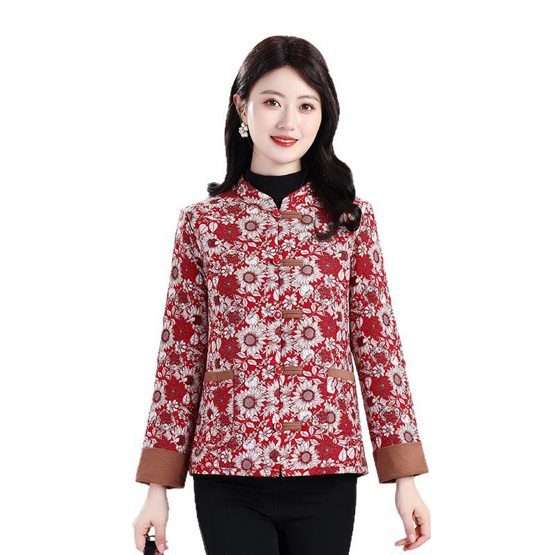 Dámská bunda slim fit ze směsi bavlny: Podzimní/Zimní Národní Styl, Hřejivý Kabát pro Matky Středního Věku a Starší s Plus Sametem.