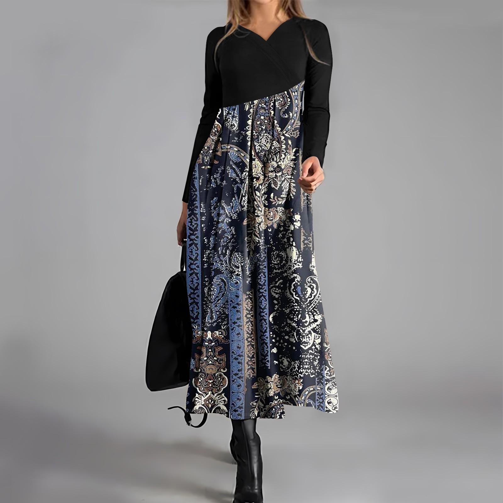 

Женское повседневное модное платье с V-образным вырезом и длинными рукавами, цветочным принтом, карманом на талии, свободное платье XL тёмно-синий