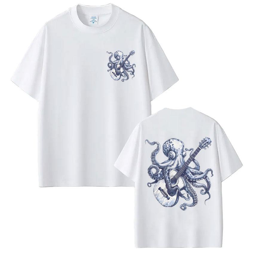 Octopus Playing Guitar Vintage Style Graphic T Shirts Men Women Fashion Funny 90s Harajuku T-shirt Oversized Cotton Casual