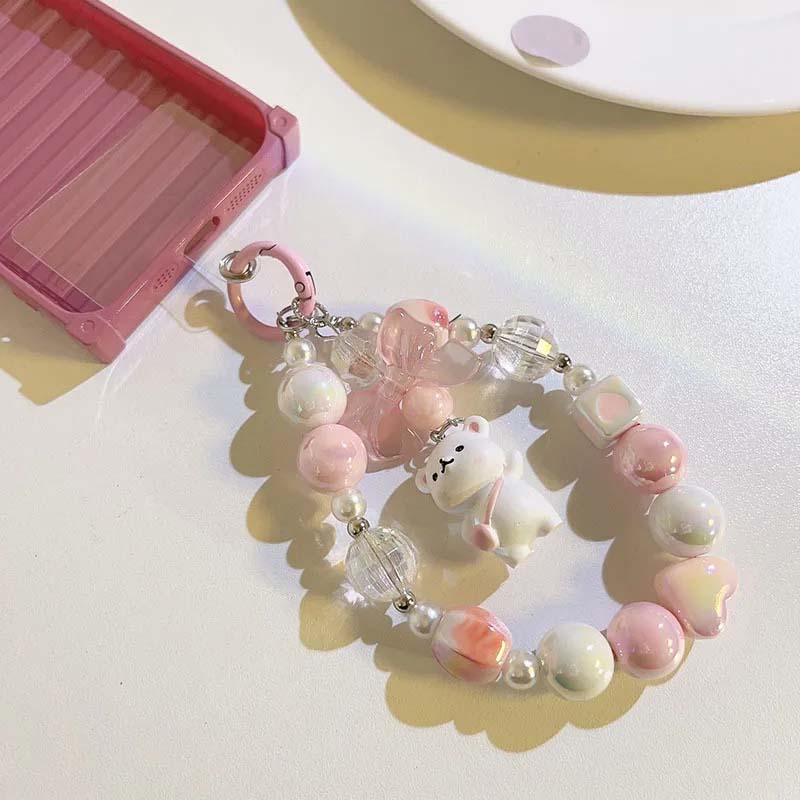 Cartoon Bear Love Beads Chain Mobile Phone Lanyard Short Styles Pendant Keychain Pendant Anti-fall Hanging Cord Jewelry Straps
