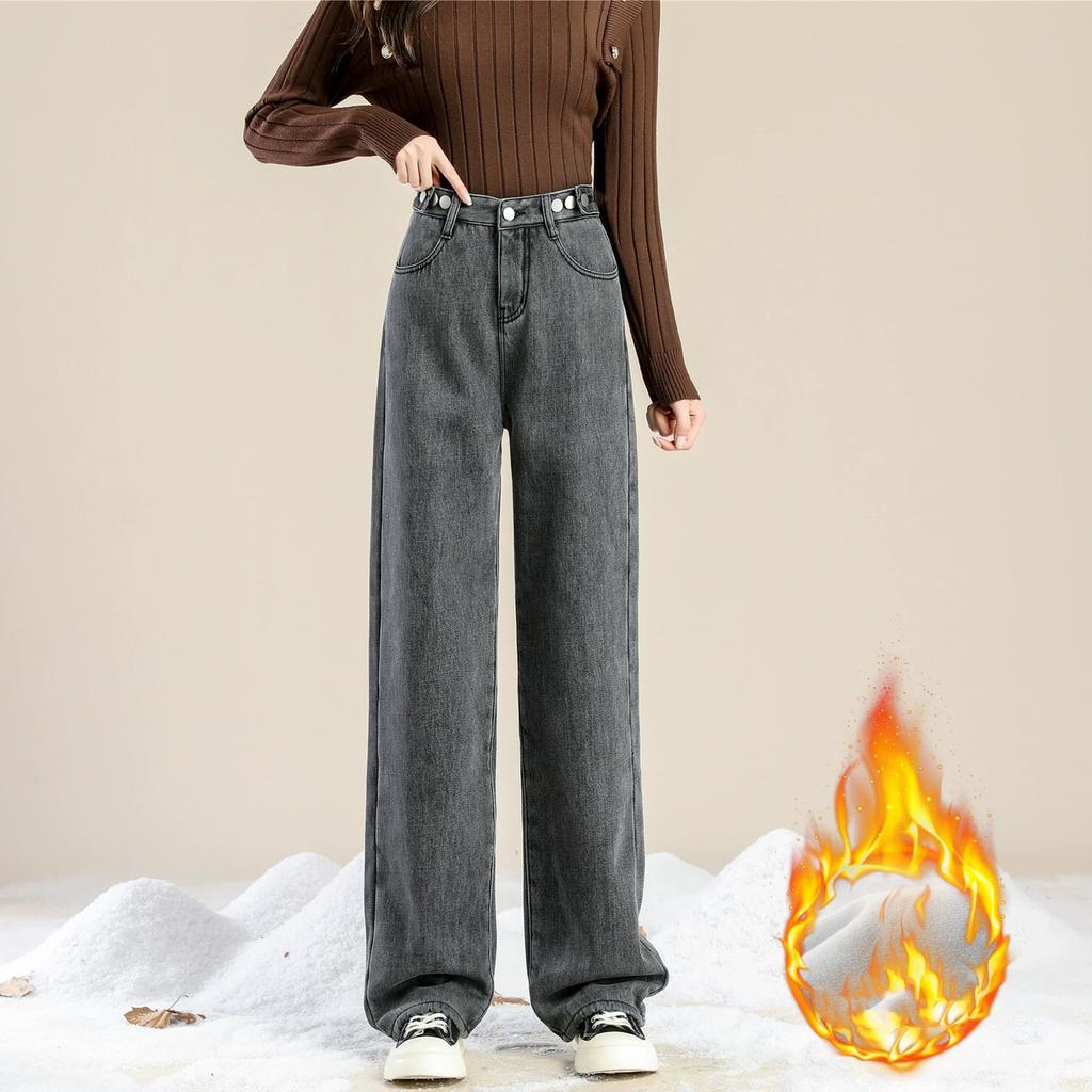 Tykk høy midje hengende uformelle jeans med brede ben for kvinner med plysjisolasjon Løstsittende rett benmopp for yttertøy Vinterbukser