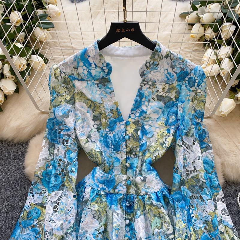 Rochie de primăvară pentru femei cu mâneci felinar imprimate, decolteu în V, ajurată, broderie croșetată și stil elegant