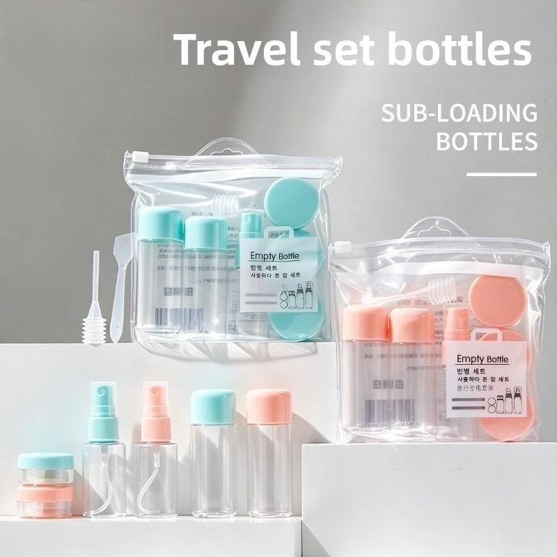 Set de Botellas Vacías Cosméticas de Viaje, Set de 8 Botellas, Sub-embotellado, Botella con Atomizador Caja para Crema con Bolsa de Almacenamiento