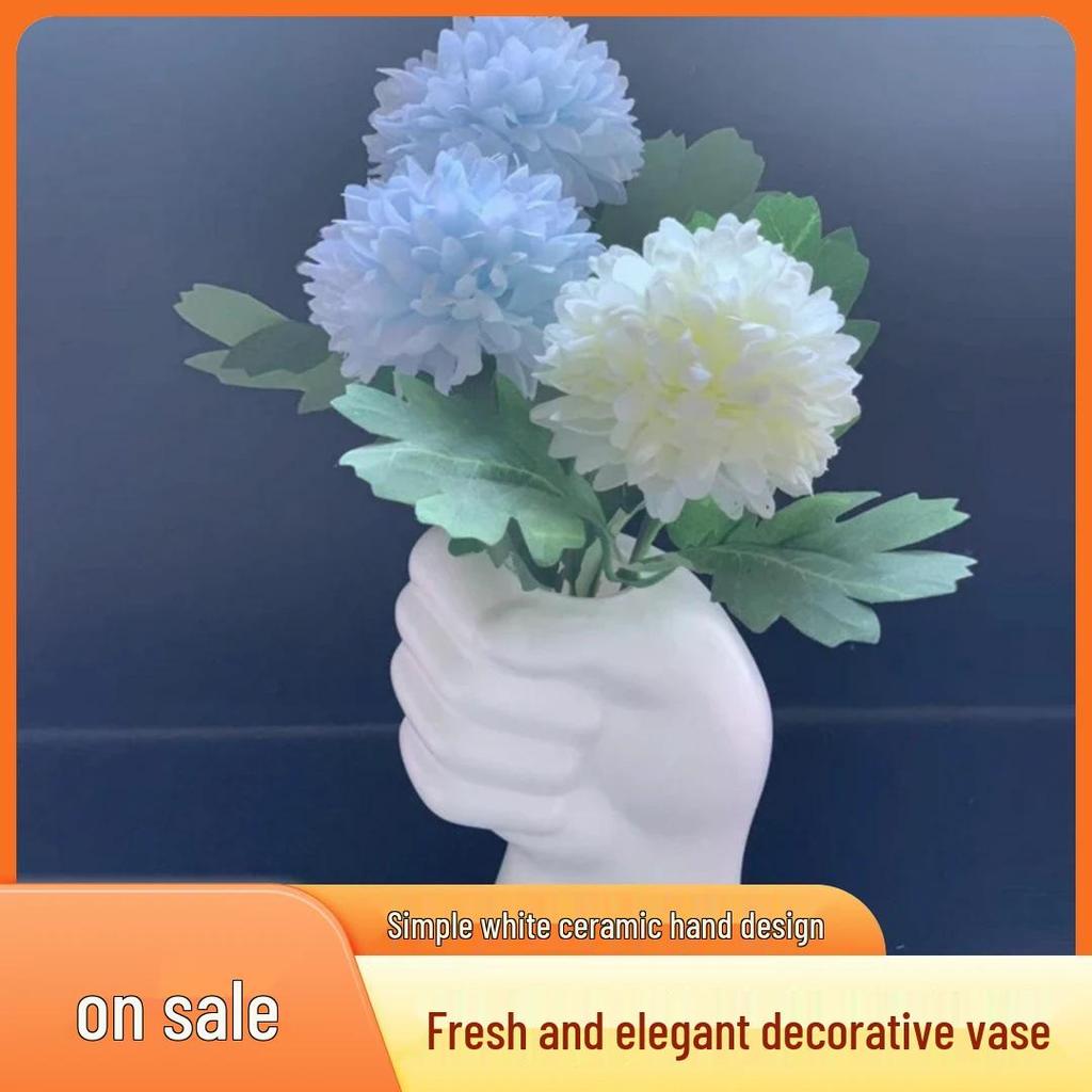 Newcomer Discount: Faux Hand Bouquet with Abstract Bear Grass In Simple Imitation Ceramic Vase